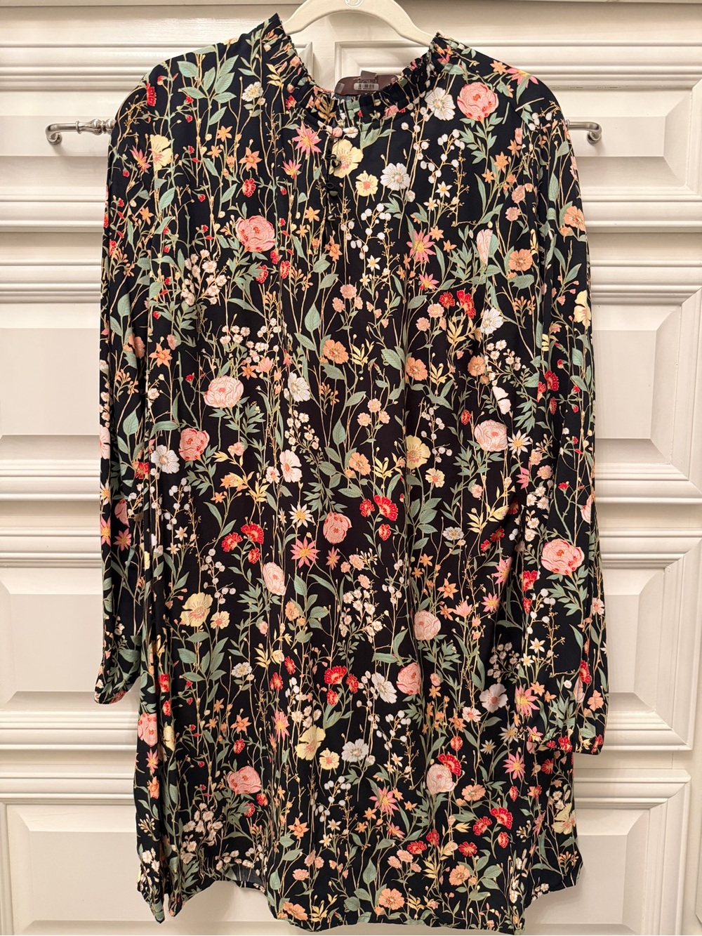 LOFT Black Floral Mini Dress with Pink and Red Blooms